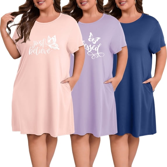 FEREMO Nightgowns for Women Plus Size Print Pajama Dress Short Sleeves Sleepwear with Pockets 3 Pack