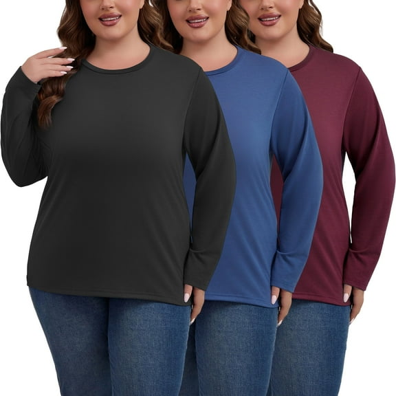 PinkBeautiM Womens Plus Size Tops Long Sleeve Shirts Crew Neck Casual Soft Blouse3 Pack