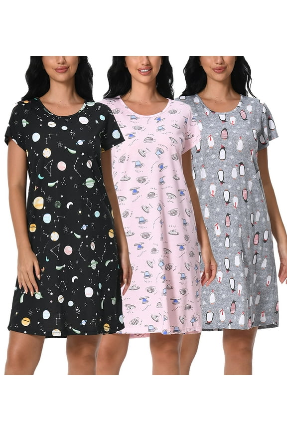 Cotton Nightgowns for Women Soft Nightshirts Printed Round Neck Sleep Dress 3 Pack