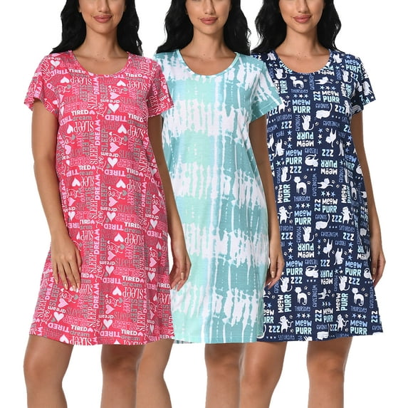 PinkBeautiM Cotton Nightgowns for Women Soft Nightshirts Printed Round Neck Sleep Dress 3 Pack