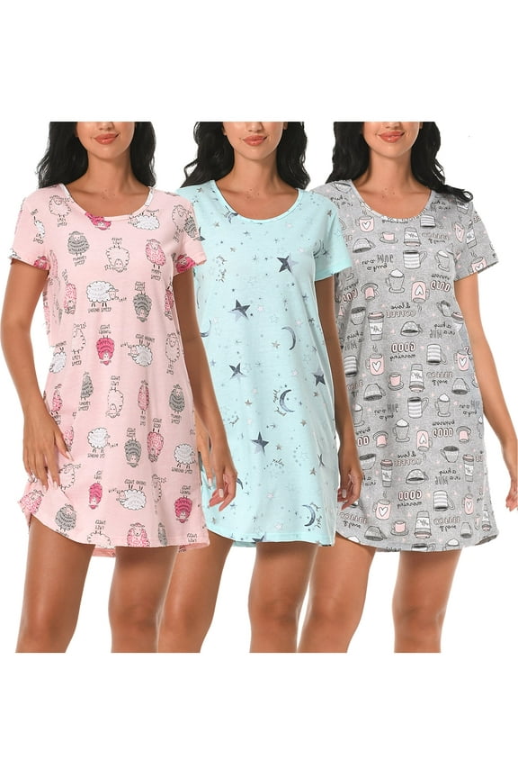 Cotton Nightgowns for Women Soft Nightshirts Printed Round Neck Sleep Dress 3 Pack