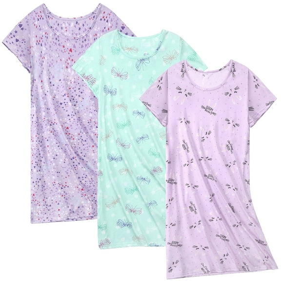 PinkBeautiM Cotton Nightgowns for Women Soft Nightshirts Printed Round Neck Sleep Dress 3 Pack