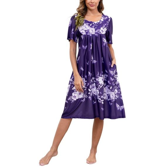 PinkBeautiM House Dresses for Women Plus Size Henley Short Sleeve Moomoo Nightgown Midi Lounge Dresses with Pockets