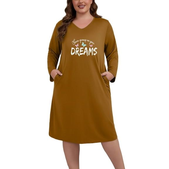 PinkBeautiM Long Sleeve Nightgowns for Women Plus Size Sleepshirt Soft Loungewear with Pockets