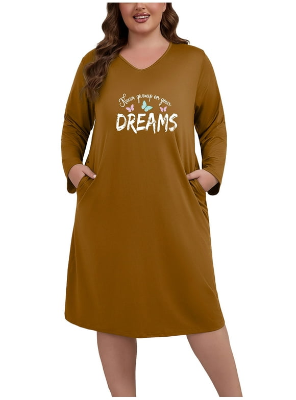 Long Sleeve Nightgowns for Women Plus Size Sleepshirt Soft Loungewear with Pockets