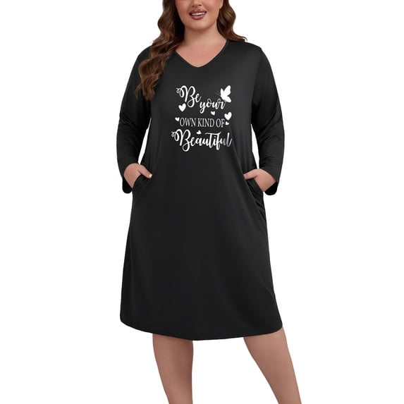 PinkBeautiM Long Sleeve Nightgowns for Women Plus Size Sleepshirt Soft Loungewear with Pockets