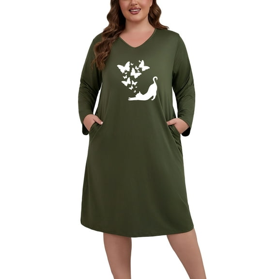 PinkBeautiM Long Sleeve Nightgowns for Women Plus Size Sleepshirt Soft Loungewear with Pockets