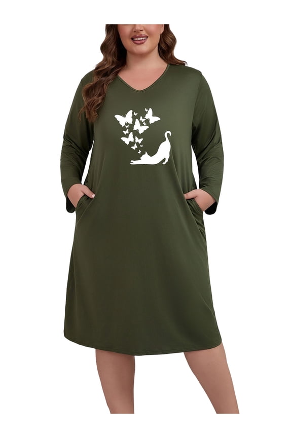 Long Sleeve Nightgowns for Women Plus Size Sleepshirt Soft Loungewear with Pockets