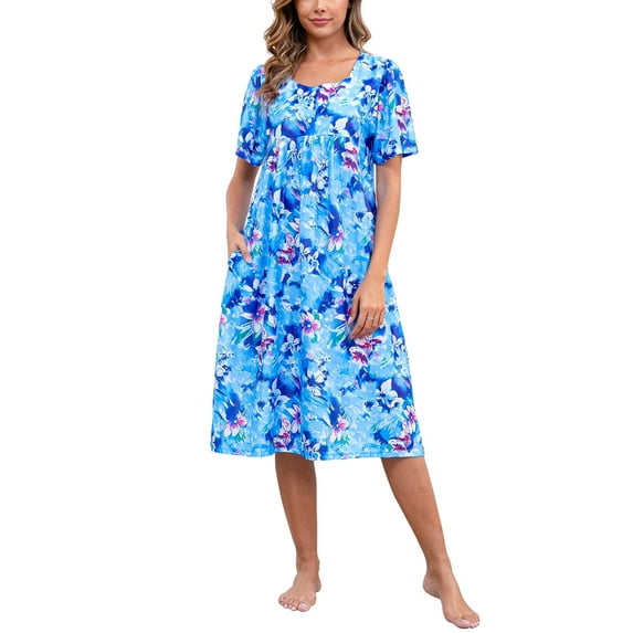 PinkBeautiM Mumu Nightgowns for Women Button Down Neck Lounge Dresses Short Sleeve House Dresses with Pockets