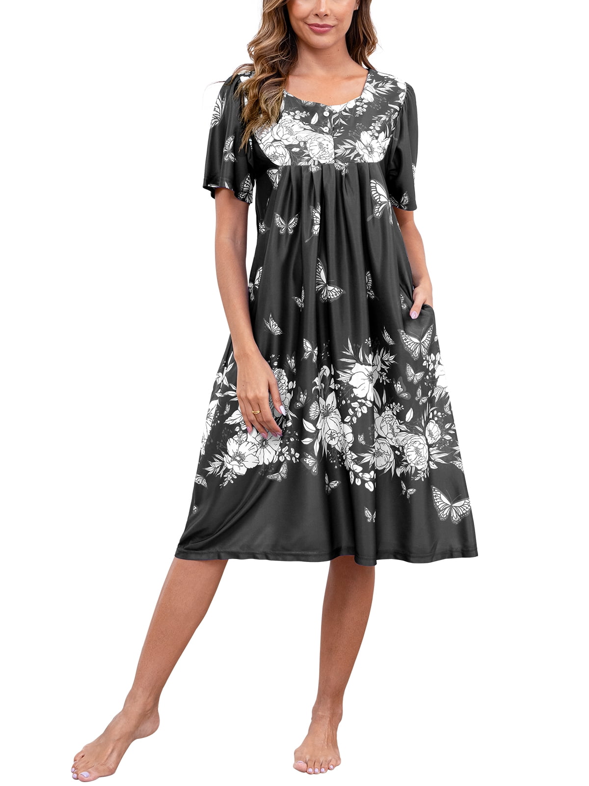 PinkBeautiM Mumu Nightgowns For Women Button Down Neck Lounge Dresses Short Sleeve House Dresses With Pockets