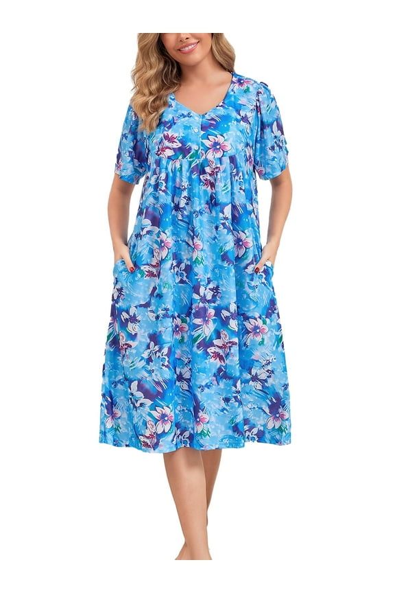 Nightgown for Women Button Short Sleeve House Dresses with Pockets