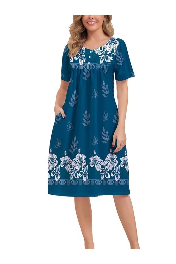Nightgown for Women Button Short Sleeve House Dresses with Pockets