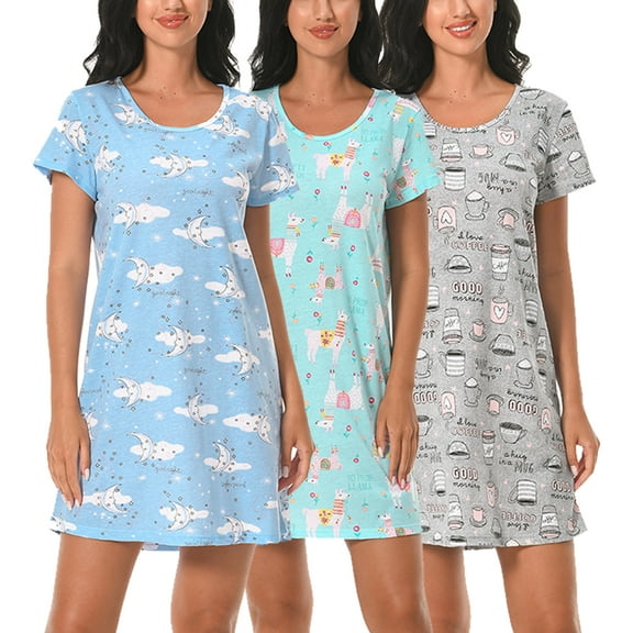 PinkBeautiM Nightgowns for Women Cotton Nightshirts Print Pajamas Dress 3 Pack