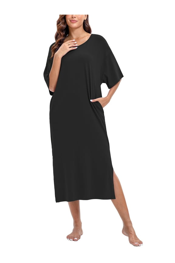 Nightgowns for Women Full Length Half Sleeve Lounge Dress Maxi Loungewear Comfy House Dress with Pockets