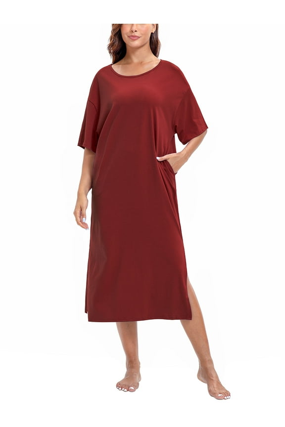 Nightgowns for Women Full Length Half Sleeve Lounge Dress Maxi Loungewear Comfy House Dress with Pockets