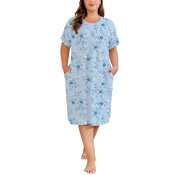 PinkBeautiM Nightgowns for Women Plus Size Floral Print Short Sleeve Pleated Sleepwear