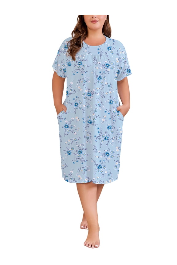 Nightgowns for Women Plus Size Floral Print Short Sleeve Pleated Sleepwear