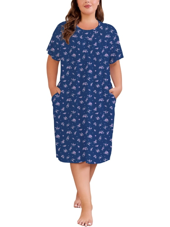 Nightgowns for Women Plus Size Floral Print Short Sleeve Pleated Sleepwear