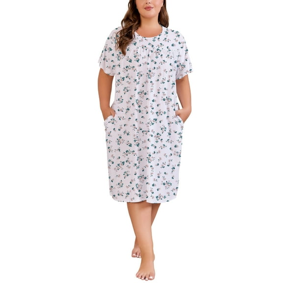 PinkBeautiM Nightgowns for Women Plus Size Floral Print Short Sleeve Pleated Sleepwear