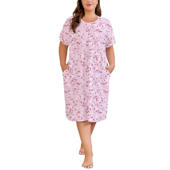 PinkBeautiM Nightgowns for Women Plus Size Floral Print Short Sleeve Pleated Sleepwear