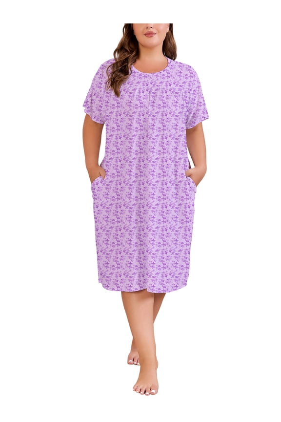 Nightgowns for Women Plus Size Floral Print Short Sleeve Pleated Sleepwear