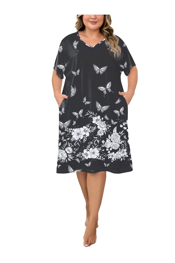 Nightgowns for Women Plus Size Print V Neck House Dress with Pockets