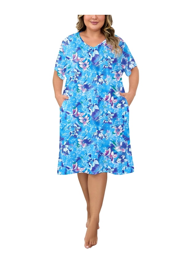 Nightgowns for Women Plus Size Print V Neck House Dress with Pockets