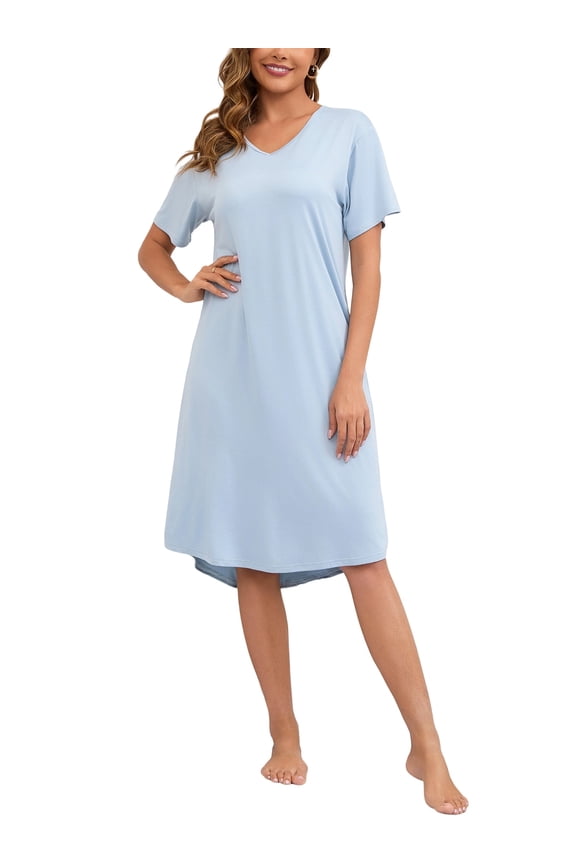 Nightgowns for Women V Neck Pajamas Dress Short Sleeve Soft Sleepwear