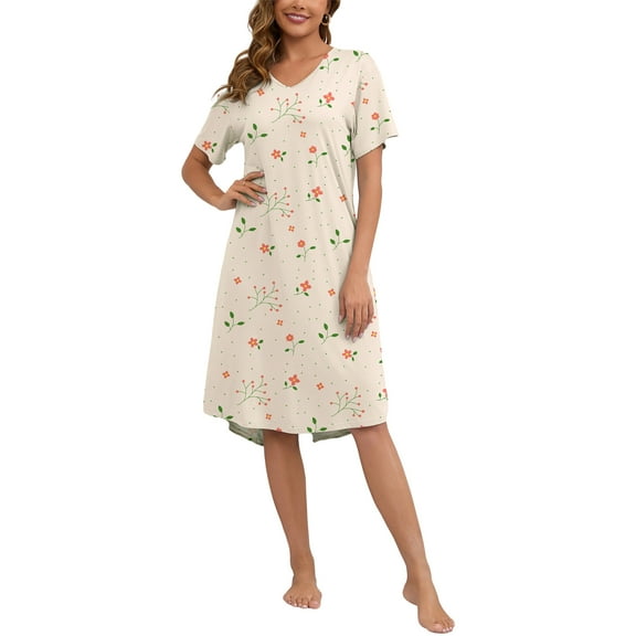 PinkBeautiM Nightgowns for Women Sleep Shirt V Neck Floral Print Sleepwear Comfy Loungewear Short Sleeve House Dresses