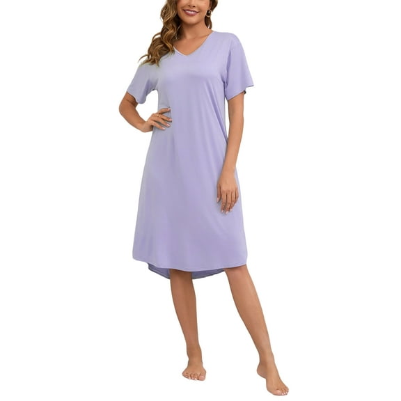 PinkBeautiM Nightgowns for Women V Neck Pajamas Dress Short Sleeve Soft Sleepwear