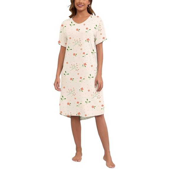PinkBeautiM Nightgowns for Women Print V Neck Pajamas Dress Short Sleeve Soft Sleepwear