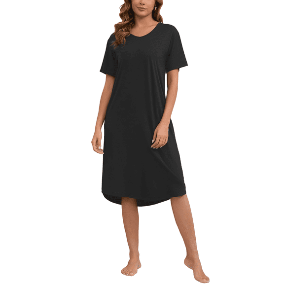 PinkBeautiM Nightgowns for Women V Neck Pajamas Dress Short Sleeve Soft Sleepwear