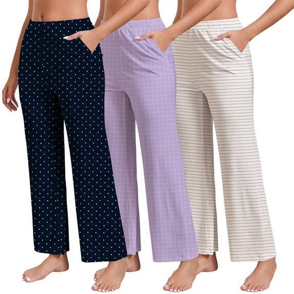 PinkBeautiM Womens Pajama Pants with Pockets, Soft Stretch Lounge Pants 3 Pack, Sizes M-XXXL