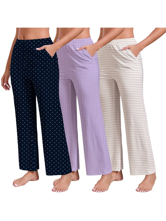Womens Pajama Pants with Pockets, Soft Stretch Lounge Pants 3 Pack, Sizes M-XXXL