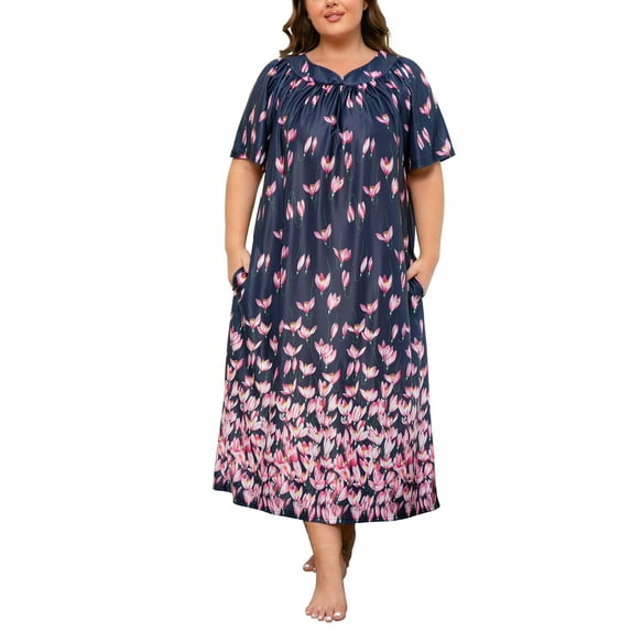 PinkBeautiM Plus Size Maxi Nightgowns for Women House Dress with Pockets Short Sleeve Sleepwear