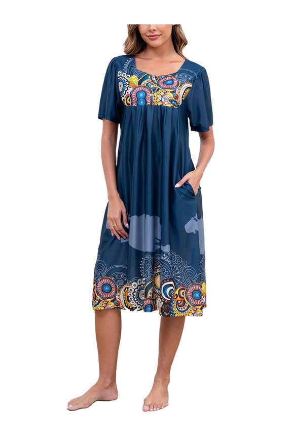 Print Nightgown for Women Print Button Short Sleeve House Dresses with Pockets