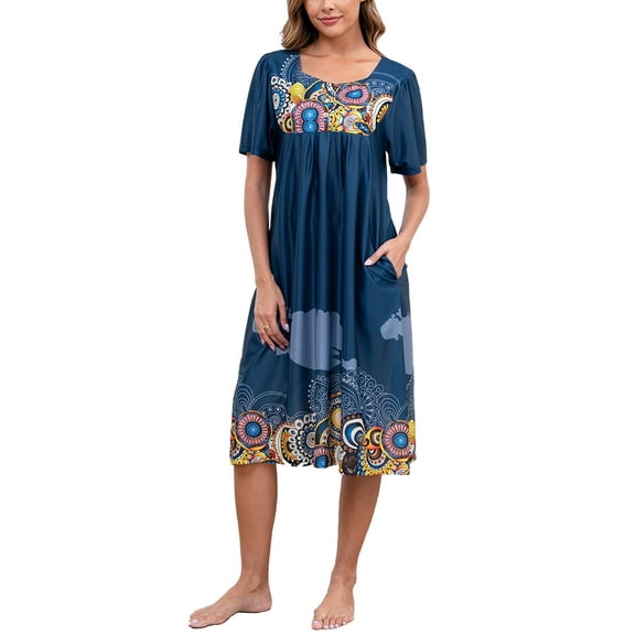 PinkBeautiM Print Nightgown for Women Print Button Short Sleeve House Dresses with Pockets