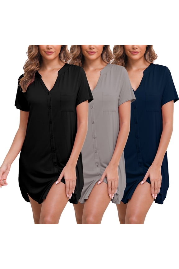 Nightgowns for Women Button Down Sleepshirts Short Sleeve V Neck Nightshirt Soft Sleepwear 3 Pack