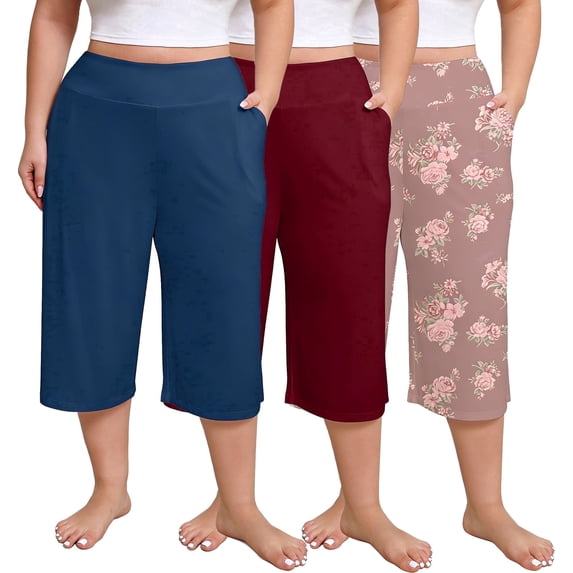 FEREMO Women Plus Size Pajama Pant Capri Printed Sleep Pant with Pockets 3-Pack