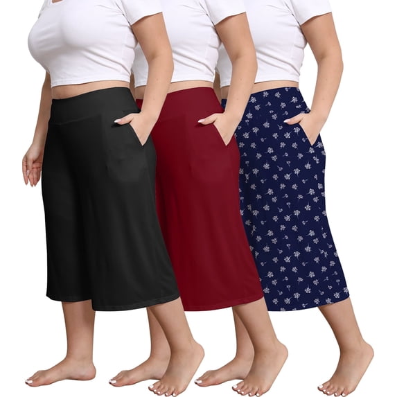 FEREMO Plus Size Pajama Pants for Women Wide Leg Lounge Pants with Pockets High Waisted Sleepwear Bottoms 3 Pack, 1X-5X