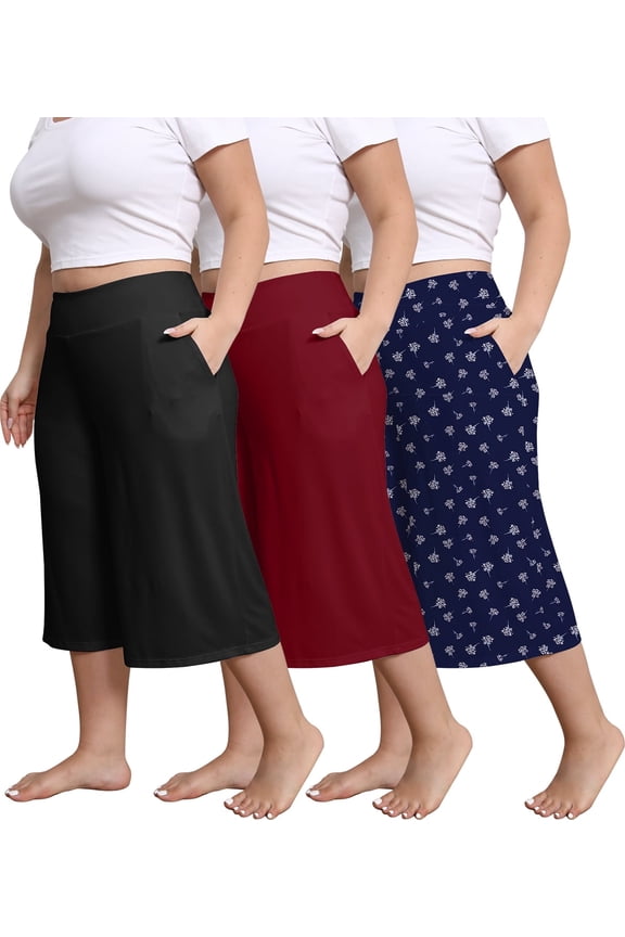 Plus Size Pajama Pants for Women Wide Leg Lounge Pants with Pockets High Waisted Sleepwear Bottoms 3 Pack, 1X-5X