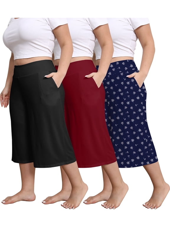 Plus Size Pajama Pants for Women Wide Leg Lounge Pants with Pockets High Waisted Sleepwear Bottoms 3 Pack, 1X-5X