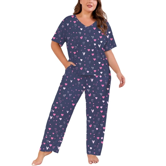 PinkBeautiM Women Plus Size Pajamas Set V Neck Prints Pjs Sleepwear with Pockets
