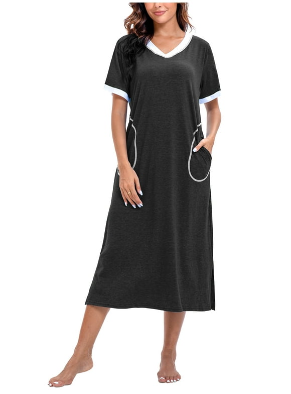 Womens Nightgown Long Loungewear V Neck Lounge Dress Short Sleeve Sleepshirt Full Length Soft Sleepwear with Pockets