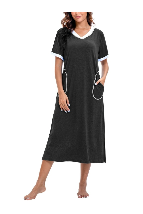 Womens Nightgown Long Loungewear V Neck Lounge Dress Short Sleeve Sleepshirt Full Length Soft Sleepwear with Pockets