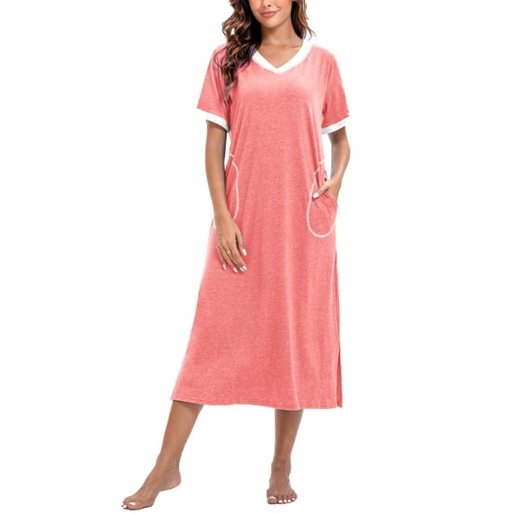 PinkBeautiM Womens Nightgown Long Loungewear V Neck Lounge Dress Short Sleeve Sleepshirt Full Length Soft Sleepwear with Pockets