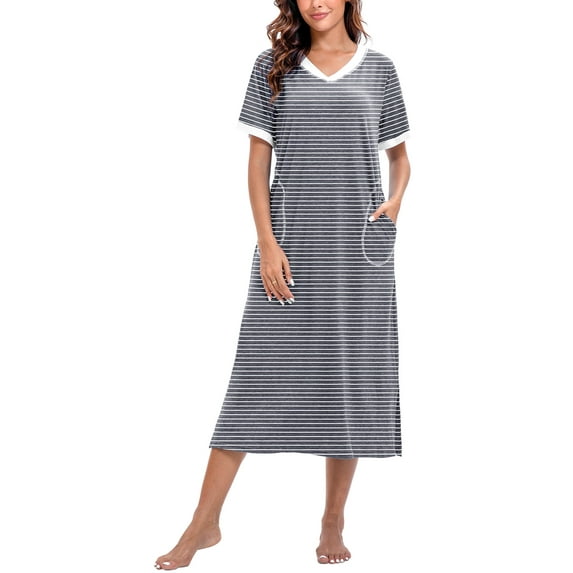 PinkBeautiM Womens Nightgown Long Loungewear V Neck Lounge Dress Short Sleeve Sleepshirt Full Length Soft Sleepwear with Pockets