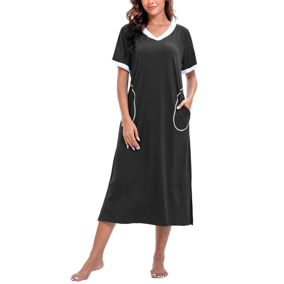 PinkBeautiM Womens Nightgown Long Loungewear V Neck Lounge Dress Short Sleeve Sleepshirt Full Length Soft Sleepwear with Pockets