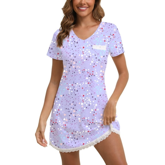 PinkBeautiM Womens Nightgown Printed Nightshirt Lace Trim Pajamas Dress with Pocket
