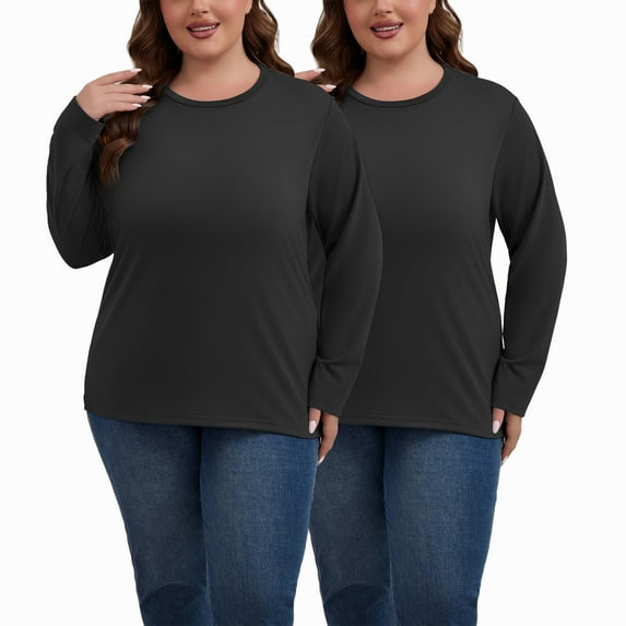 PinkBeautiM Womens Plus Size Tops Long Sleeve Shirts Crew Neck Casual Soft Blouse3 Pack